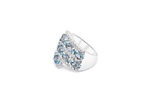 6x4mm Oval Aquamarine and White CZ Rhodium Over Sterling Silver Ring, 4.08ctw