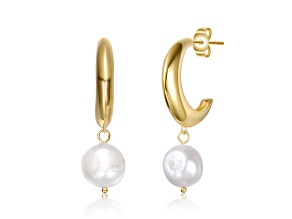 White Freshwater Pearls, 14K Gold Plating over Sterling Silver Open Hoop Dangle Earrings