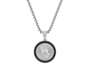 Two-tone Ion-Plated White and Black Stainless Steel Praying Hands Pendant With Chain 0.25ctw
