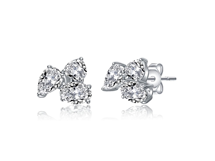 Clear Cubic Zirconia 3.6 TCW, Rhodium Plated over Sterling Silver Triple Cluster Stud Earrings