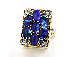 Peacock Australian Opal Triplet Rhodium & 24K Yellow Gold Over Palladium Sterling Silver Ring .43ctw