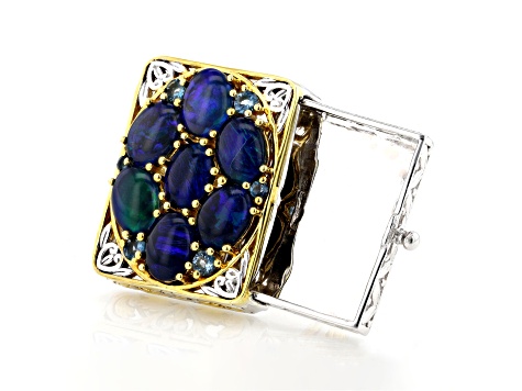 Peacock Australian Opal Triplet Rhodium & 24K Yellow Gold Over Palladium Sterling Silver Ring .43ctw