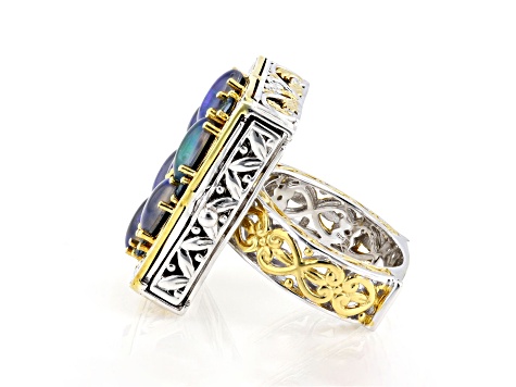 Peacock Australian Opal Triplet Rhodium & 24K Yellow Gold Over Palladium Sterling Silver Ring .43ctw