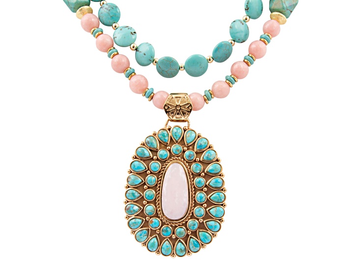 Barse Jewelry Cactus Rose Pink Opal and Blue Turquoise Golden Statement Necklace