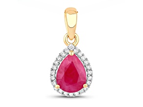 Pink Pear Ruby and White Diamond 10K Yellow Gold Teardrop Halo Pendant With Chain 1.55ctw