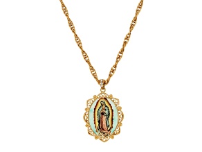 Symbols Of Faith Gold Tone Brass Our Lady Of Guadalupe Oval Pendant With Rope Chain 28 Inch