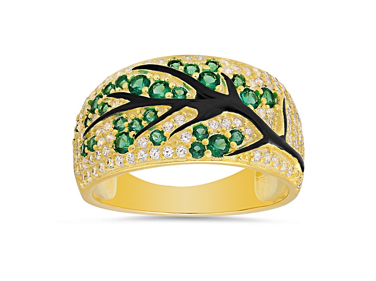 Green And White Cubic Zirconia With Black Enamel 14k YG Over Silver Tree Of Life Ring 1.05ctw