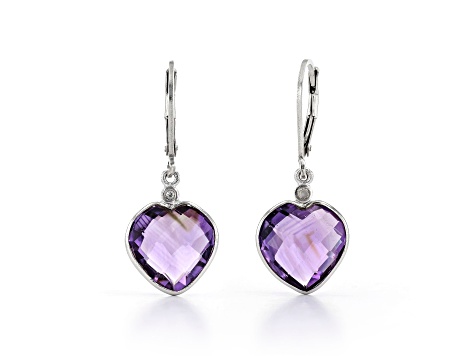 Purple Heart Shape Amethyst and Diamond Sterling Silver Earrings 6ctw