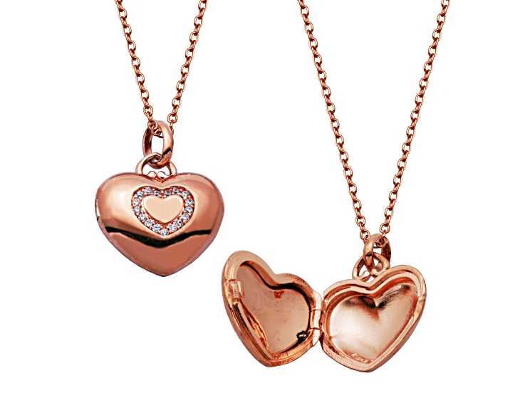 White Cubic Zirconia 14k Rose Gold Over Brass Heart Locket Pendant With Chain 0.17ctw