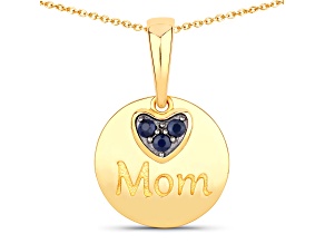 Blue Sapphire Dangling Heart "Mom" 18K Yellow Gold Over Sterling Silver Pendant With Chain 0.2ct