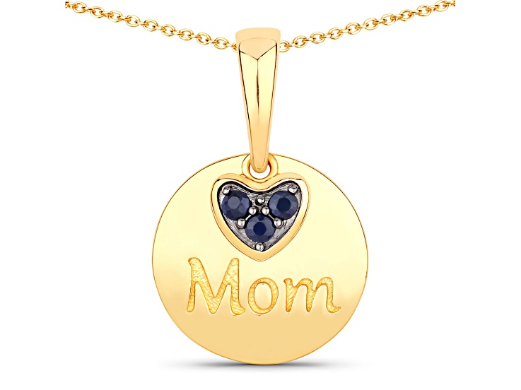 Blue Sapphire Dangling Heart "Mom" 18K Yellow Gold Over Sterling Silver Pendant With Chain 0.2ct