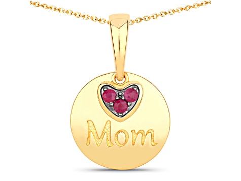 Pink Ruby Dangling Heart "Mom" 18K Yellow Gold Over Sterling Silver Pendant With Chain 0.2ct