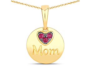 Pink Ruby Dangling Heart "Mom" 18K Yellow Gold Over Sterling Silver Pendant With Chain 0.2ct