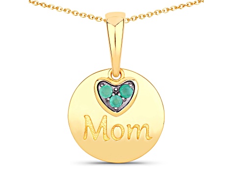 Emerald Dangling Heart "Mom" 18K Yellow Gold Over Sterling Silver Pendant With Chain 0.2ct
