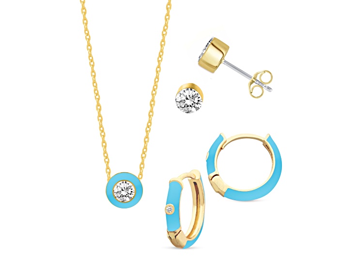 White Crystal and Blue Enamel Brass Jewelry Set- Huggies, Studs, Pendant w/17 Inch Chain+ 2 in Ext
