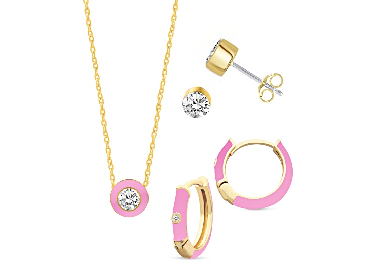 White Crystal and Pink Enamel Brass Jewelry Set- Huggies, Studs, Pendant w/17 Inch Chain+ 2 in Ext