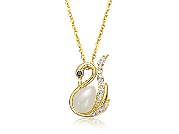 Faux Pearl & Cubic Zirconia 0.1 TCW, 14K Gold Plated over Sterling Silver Swan Pendant Necklace