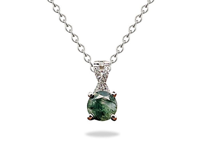 Green Moss Agate with Cubic Zirconia Accents Rhodium Over Sterling