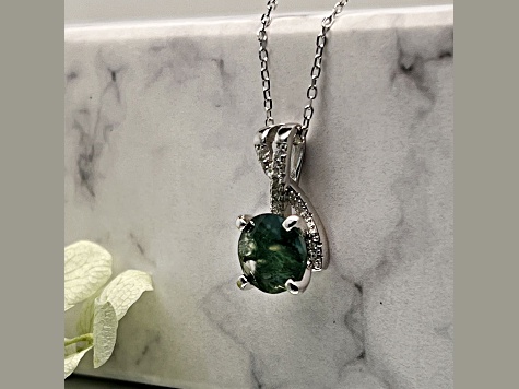 Green Moss Agate with Cubic Zirconia Accents Rhodium Over Sterling