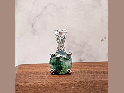 Green Moss Agate with Cubic Zirconia Accents Rhodium Over Sterling