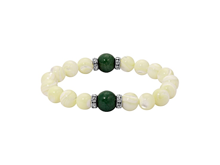 Silver Tone Mother of Pearl & Aventurine Stretch Bracelet