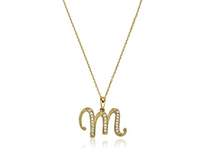 10K Yellow Gold Script White Diamond Initial Letter M Pendant With Chain, 0.07ctw