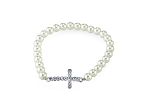 Symbol of Faith Silver Tone Simulated Pearl Crystal Cross Stretch Bracelet