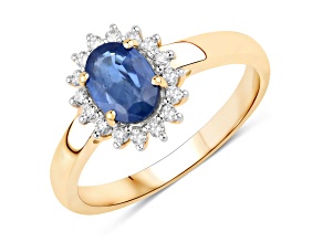 Blue Sapphire and White Diamond 10K Yellow Gold Oval Halo Ring 1.11ctw