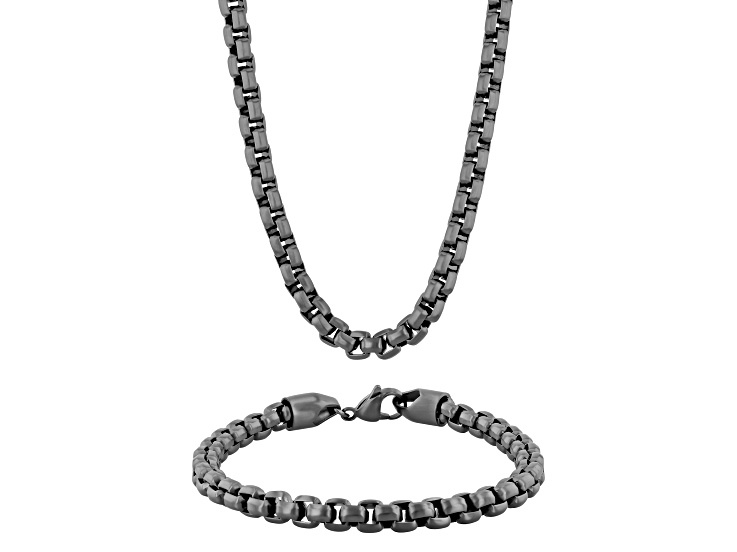 Gunmetal Gray Stainless Steel 6MM Square Rolo Link Chain Necklace & Bracelet Set