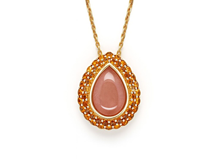 Natural Orange Moonstone and Citrine 14K Yellow Gold Over Sterling Silver Halo Pendant with Chain