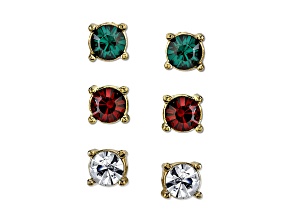 1928 Jewelry Gold-Tone Green, Red, and Crystal Trio Stud Earrings