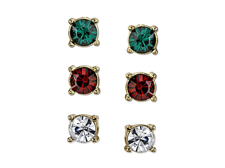 1928 Jewelry Gold-Tone Green, Red, and Crystal Trio Stud Earrings