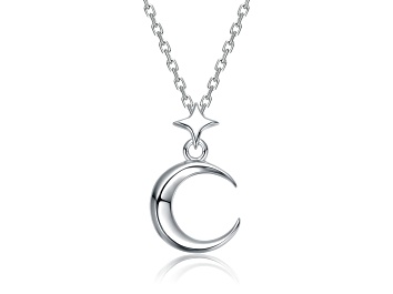 Picture of Rhodium Plated over Brass Crescent Moon and Star Drop Necklace