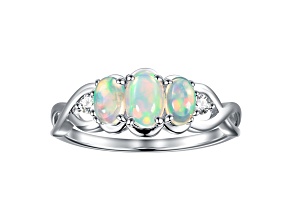 Oval Ethiopian Opal Rhodium Over Sterling Silver 3-Stone Twisted Shank Ring