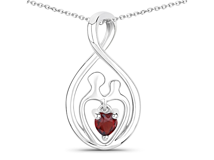 Red Garnet Mom and Child Rhodium Over Silver Heart Pendant With Chain 0.14ct