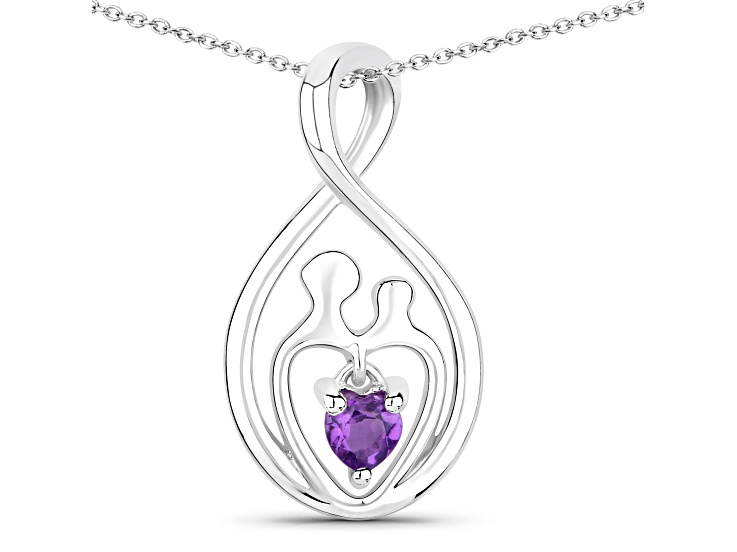 Purple Amethyst Mom and Child Rhodium Over Sterling Silver Heart Pendant With Chain 0.14ct