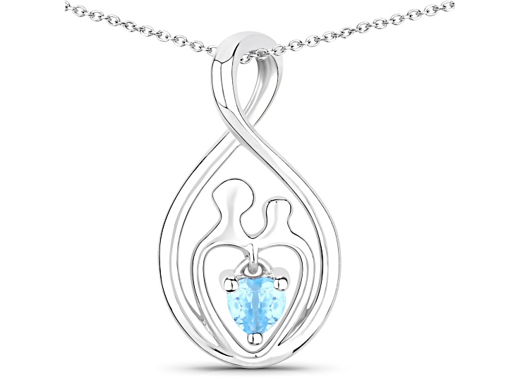 Swiss Blue Topaz Mom and Child Rhodium Over Sterling Silver Heart Pendant With Chain 0.14ct