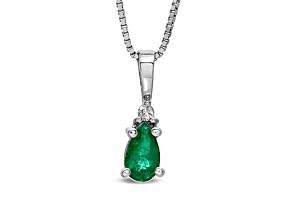 0.20ctw Pear Shaped Emerald and Round Diamond Accent Pendant 14k White Gold