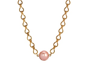 Yellow Base Metal Peach Faux Pearl Bead Necklace 16 inch