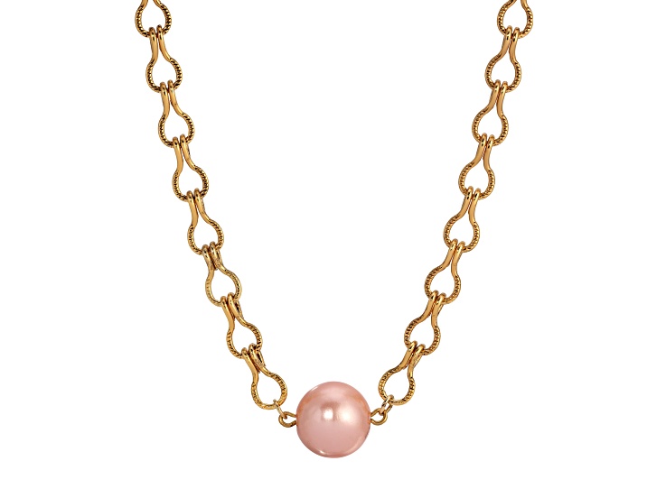 Yellow Base Metal Peach Faux Pearl Bead Necklace 16 inch