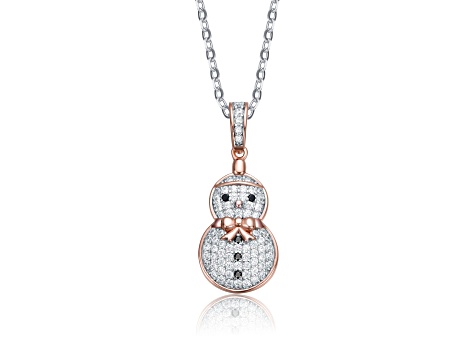 White Cubic Zirconia, 18K Rose Plated over Sterling Silver Christmas Snowman Pendant Necklace