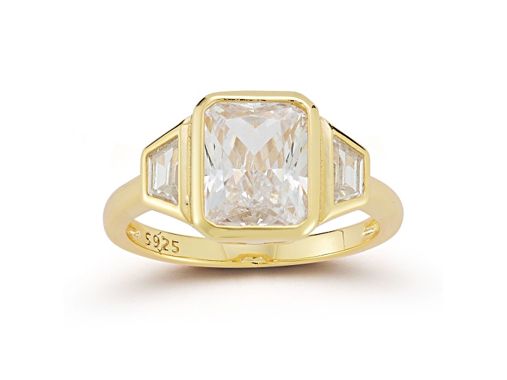 Rachel Zoe 14K Yellow Gold Over Sterling Silver Bezel Set White Cubic Zirconia 3-Stone Ring