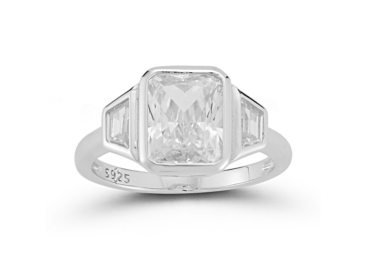 Rachel Zoe Rhodium Over Sterling Silver Bezel Set White Cubic Zirconia 3-Stone Ring