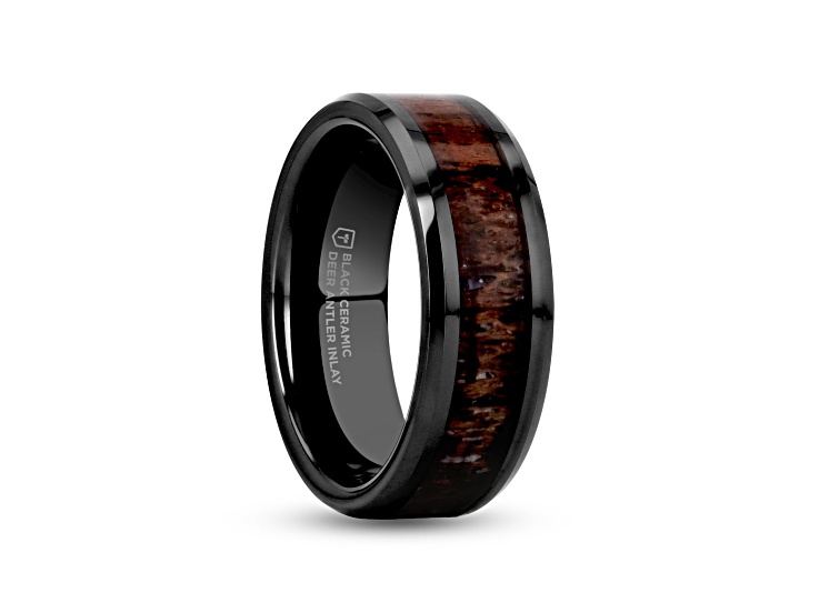 TINE Black Ceramic Polished Beveled Men's Wedding Band with Dark Brown Antler Inlay- 8mm
