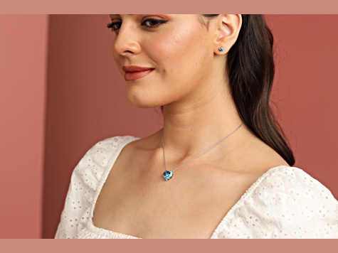 Blue Topaz 4.2ct Heart Shape Pendant Necklace, Matching Enamel Bezel Setting
