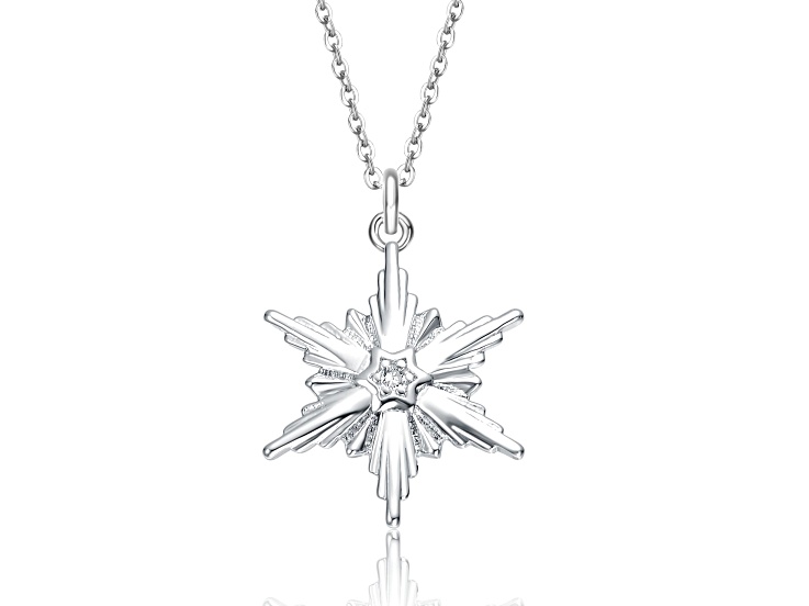 Clear Cubic Zirconia , Rhodium Plated over Brass Snowflake Pendant Necklace