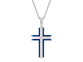 Blue Ion-Plated Stainless Steel and White Diamond Accent Cross Pendant With Chain