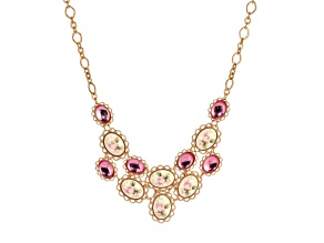 Yellow Base Metal Pink & Porcelain Flower Stones Necklace 15 inch Adj.