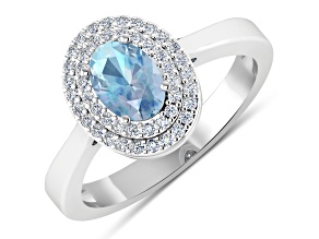 0.86ctw Blue Aquamarine and Diamond 14K White Gold Halo Ring