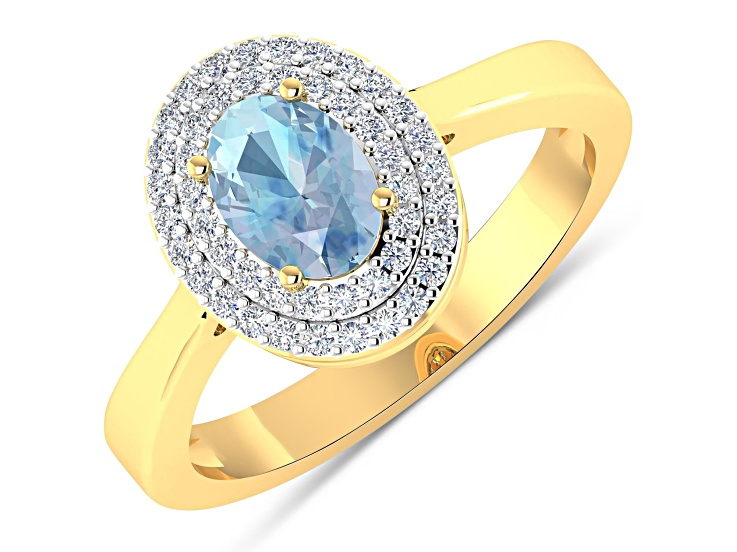 0.86ctw Blue Aquamarine and Diamond 14K Yellow Gold Halo Ring